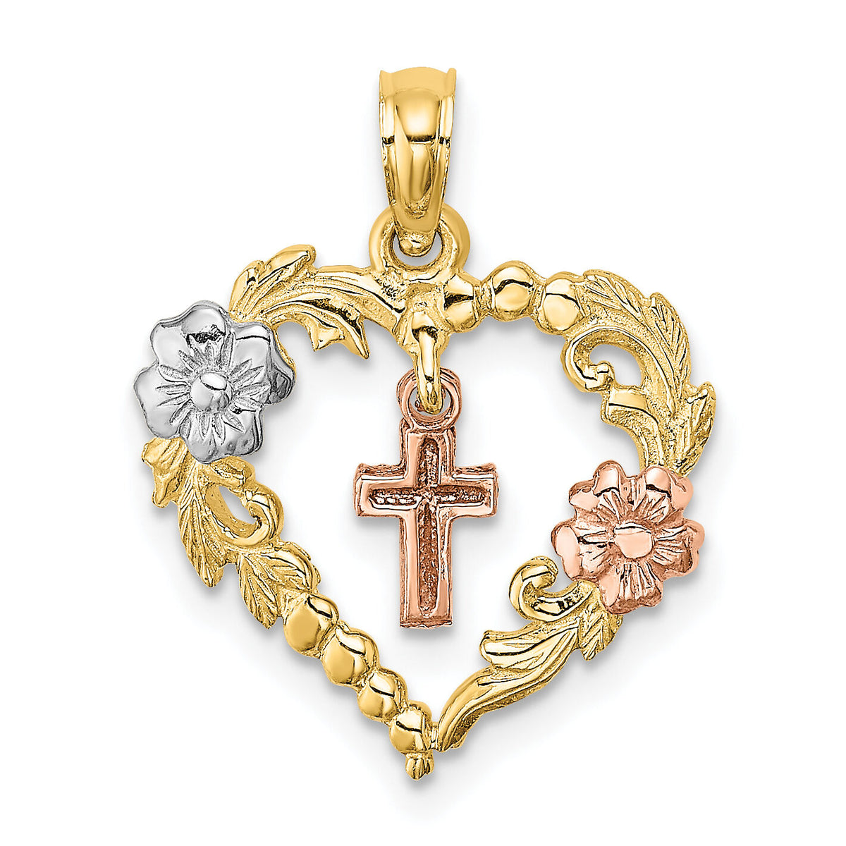 14K Two-tone w/White Rhodium Heart w/Cross and Flowers Charm-K9040