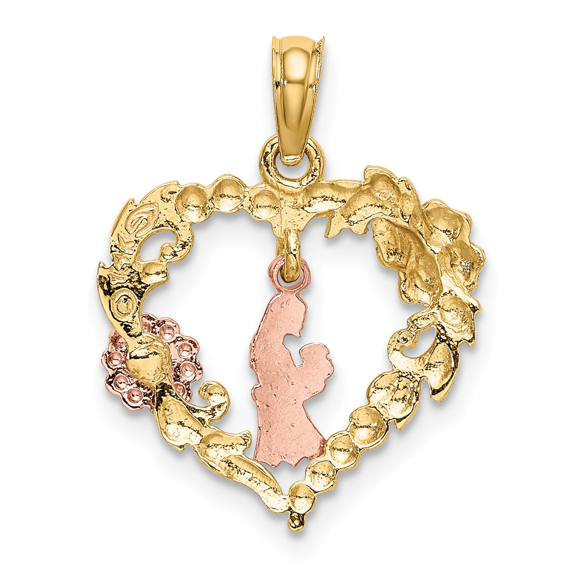 14k Two-tone White Rhodium Motherly Love w/ Flowers In Heart Charm-K9050
