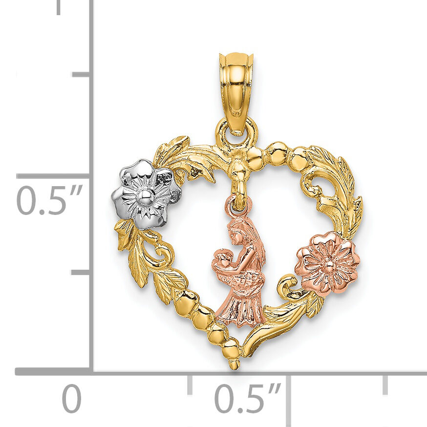 14k Two-tone White Rhodium Motherly Love w/ Flowers In Heart Charm-K9050