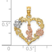 14k Two-tone White Rhodium Motherly Love w/ Flowers In Heart Charm-K9050