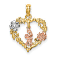 14k Two-tone White Rhodium Motherly Love w/ Flowers In Heart Charm-K9050
