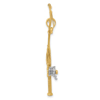 14K w/Rhodium 3-D Moveable Fishing Pole W/ Reel Charm-K9051