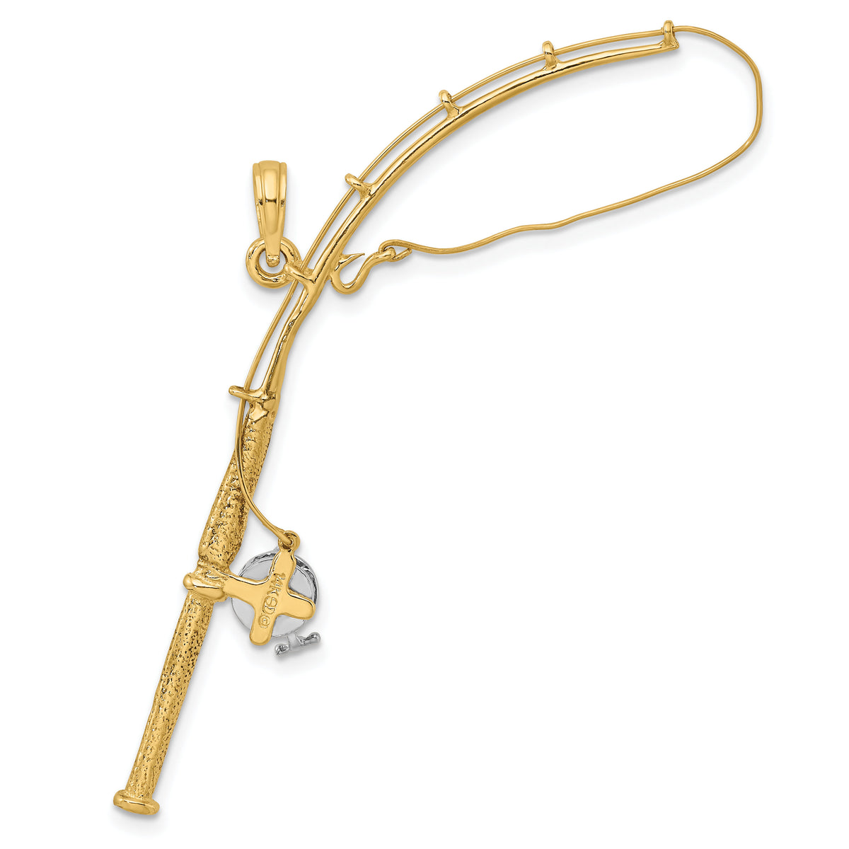 14K w/Rhodium 3-D Moveable Fishing Pole W/ Reel Charm-K9051