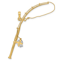 14K w/Rhodium 3-D Moveable Fishing Pole W/ Reel Charm-K9051