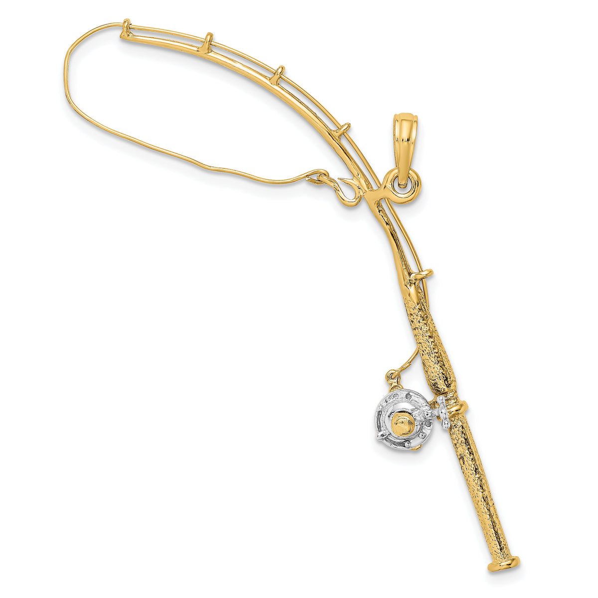 14K w/Rhodium 3-D Moveable Fishing Pole W/ Reel Charm-K9051