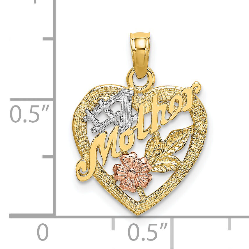 14K Two-tone w/White Rhodium #1 MOTHER Heart w/Flower Charm-K9052