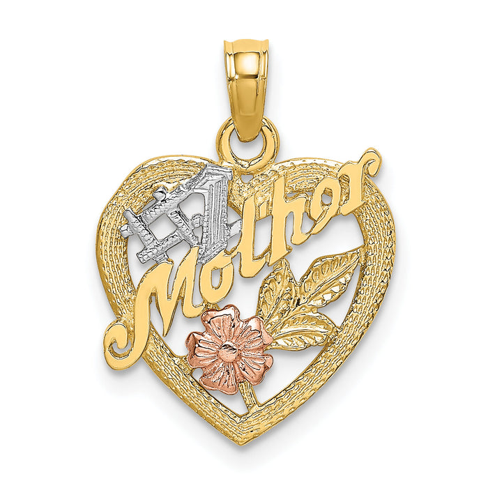 14K Two-tone w/White Rhodium #1 MOTHER Heart w/Flower Charm-K9052