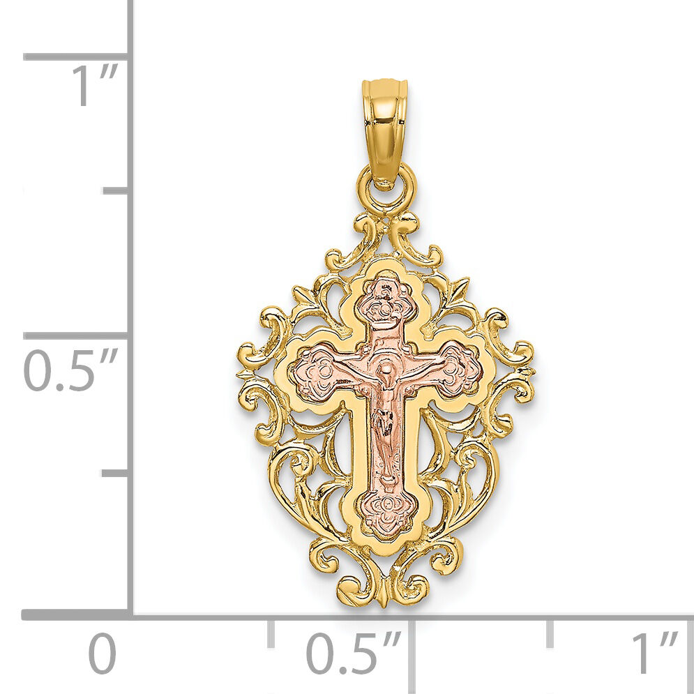 14k Two Tone w/ Lace Trim Crucifix Charm-K9058