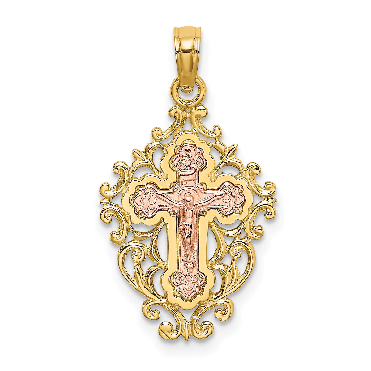 14k Two Tone w/ Lace Trim Crucifix Charm-K9058