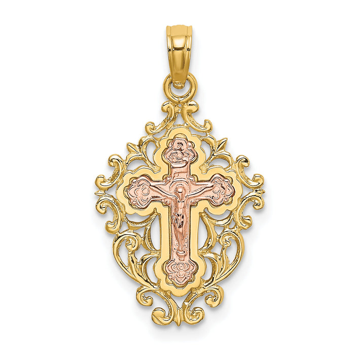 14k Two Tone w/ Lace Trim Crucifix Charm-K9058