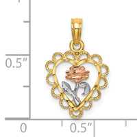 14k Two-tone White Rhodium Heart w/ Rose and Lace Trim Charm-K9065