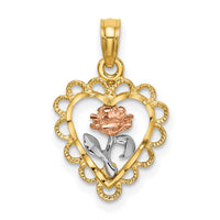 14k Two-tone White Rhodium Heart w/ Rose and Lace Trim Charm-K9065
