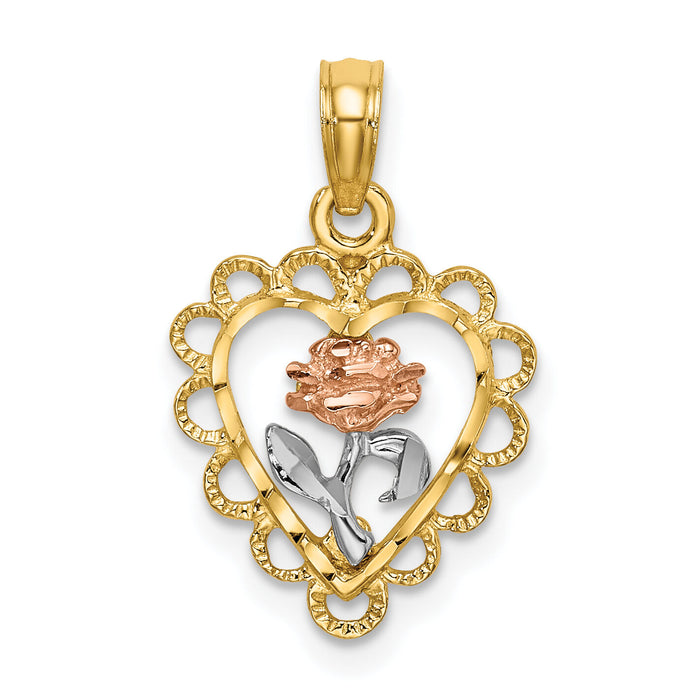 14k Two-tone White Rhodium Heart w/ Rose and Lace Trim Charm-K9065
