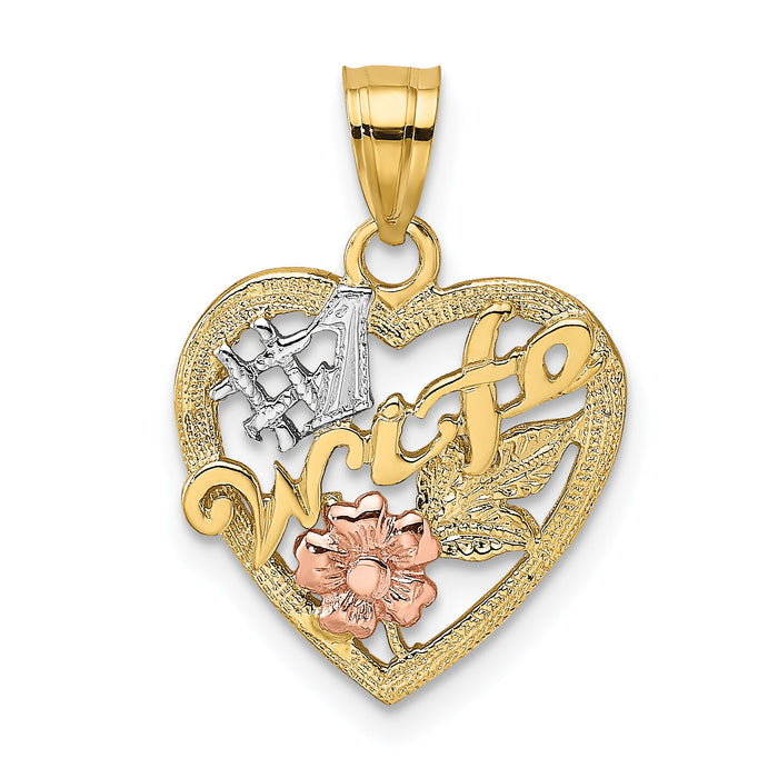 14k Two-Tone w/White Rhodium #1 WIFE In Heart w/Flower Charm-K9071