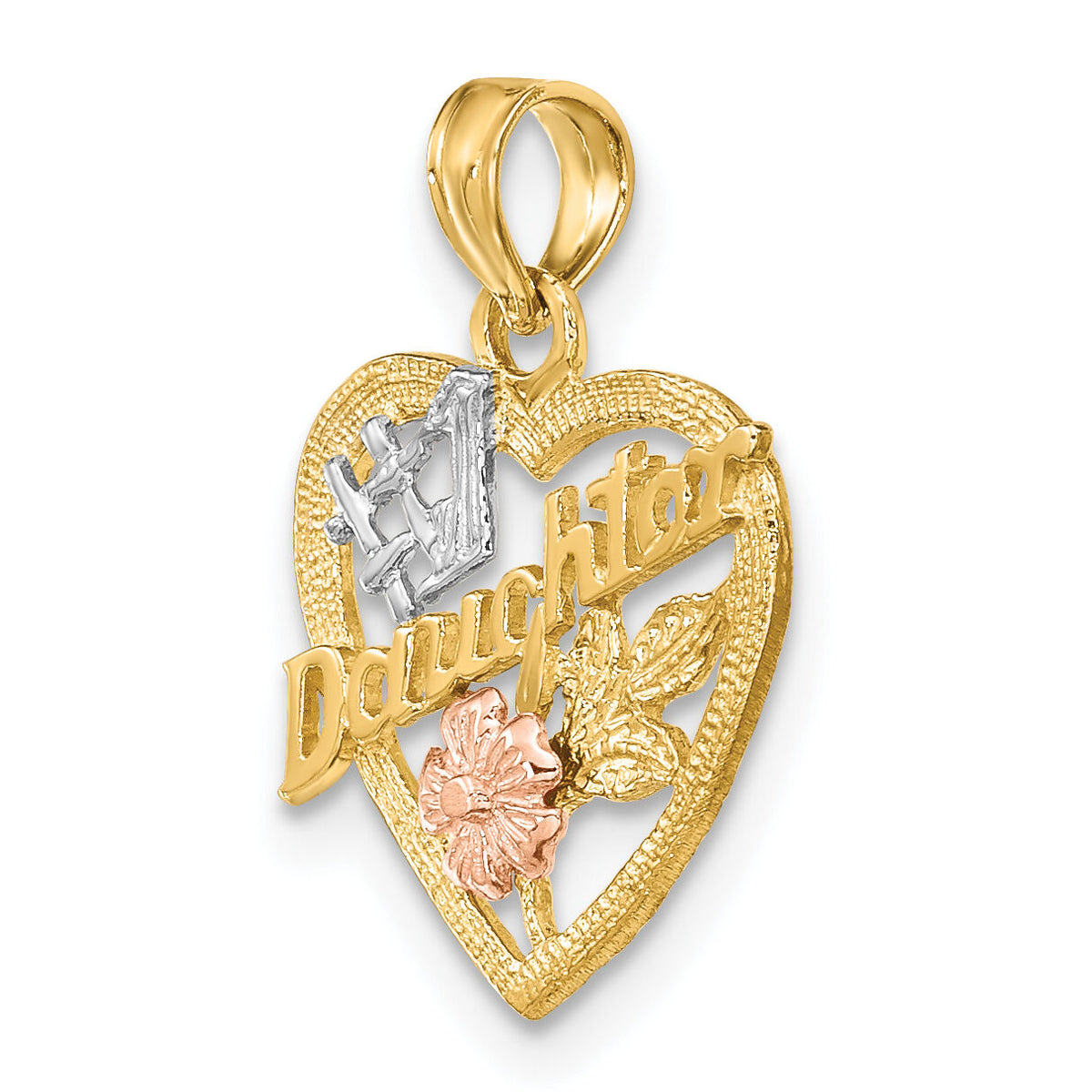 14k Two-tone White Rhodium #1 DAUGHTER IN HEART w/Flowers Charm-K9072