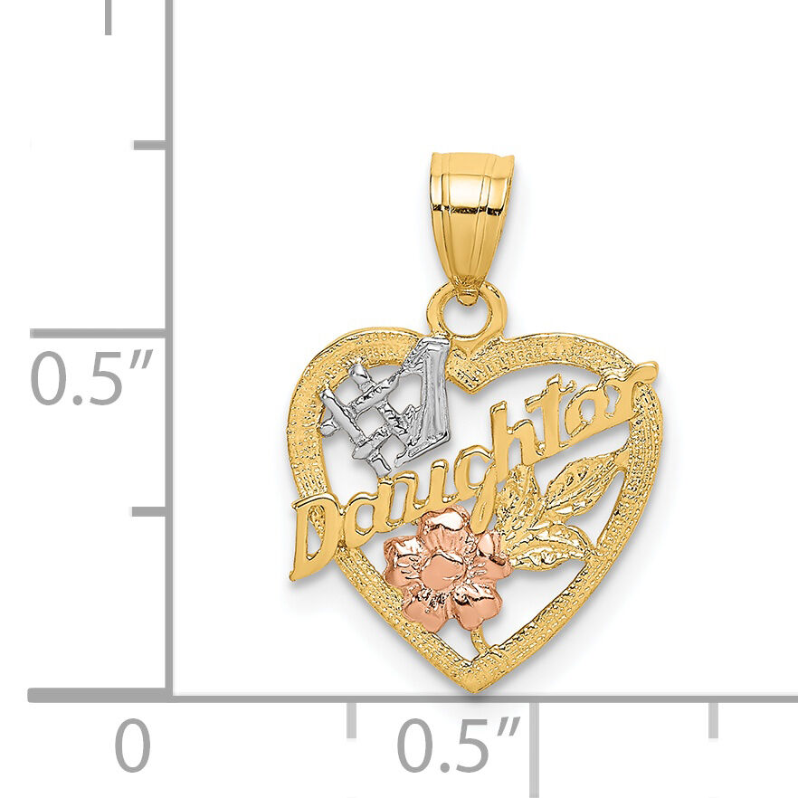 14k Two-tone White Rhodium #1 DAUGHTER IN HEART w/Flowers Charm-K9072