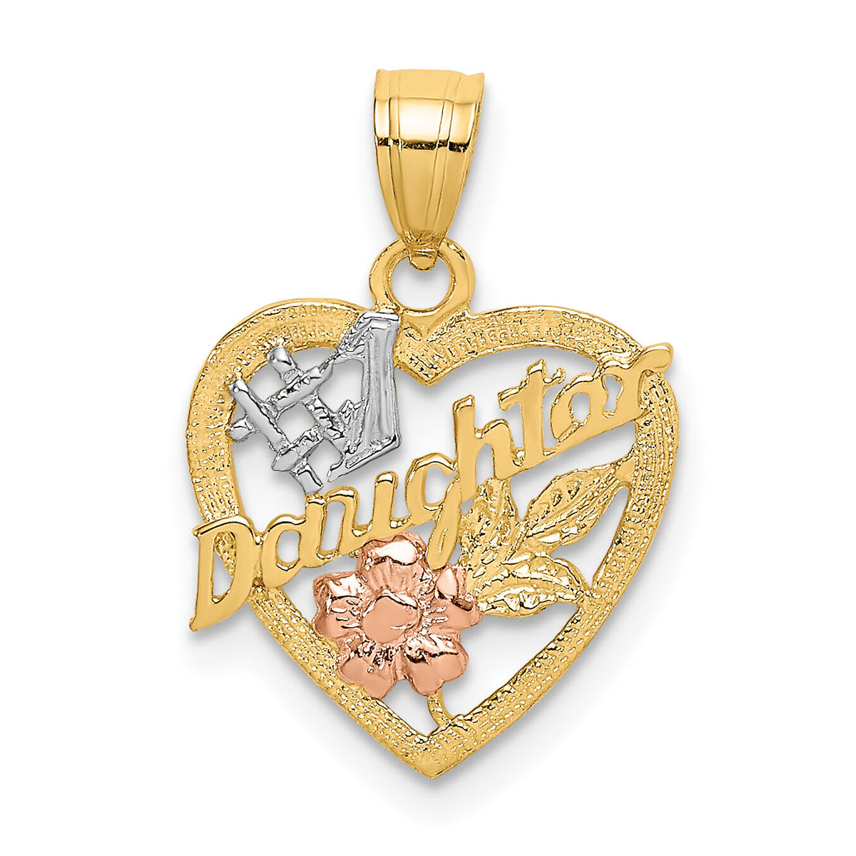 14k Two-tone White Rhodium #1 DAUGHTER IN HEART w/Flowers Charm-K9072
