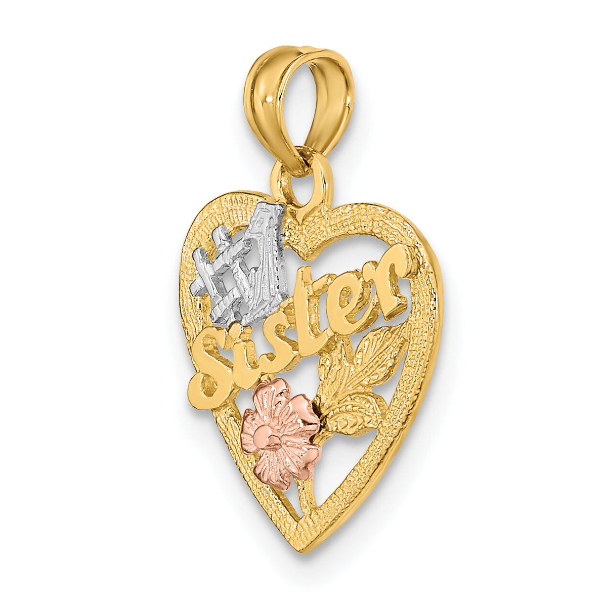 14k Two-tone White Rhodium #1 SISTER In Heart w/ Flowers Charm-K9073