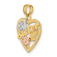 14k Two-tone White Rhodium #1 SISTER In Heart w/ Flowers Charm-K9073