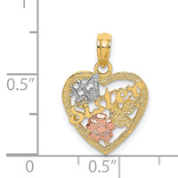 14k Two-tone White Rhodium #1 SISTER In Heart w/ Flowers Charm-K9073