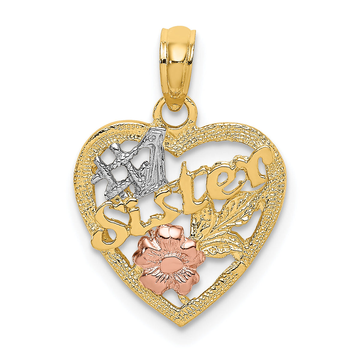 14k Two-tone White Rhodium #1 SISTER In Heart w/ Flowers Charm-K9073
