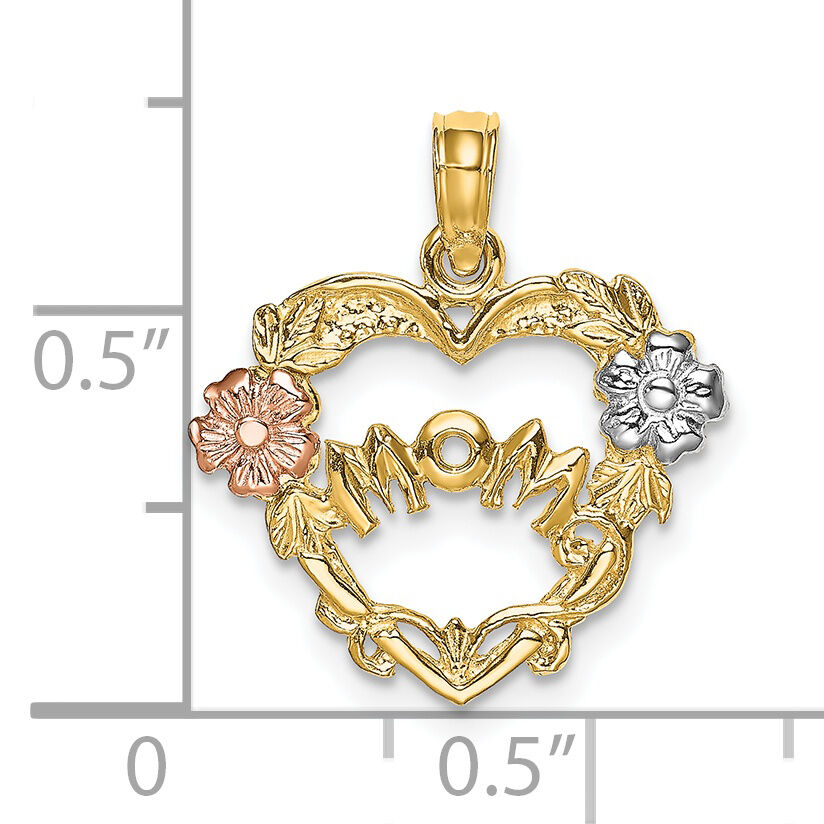 14k Two-tone w/White Rhodium MOM Heart w/Flower Charm-K9075