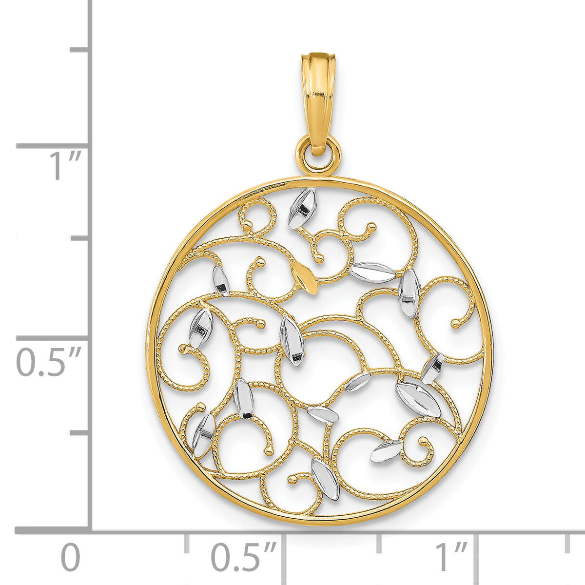 14K w/Rhodium Floral Medallion Pendant Charm-K9076