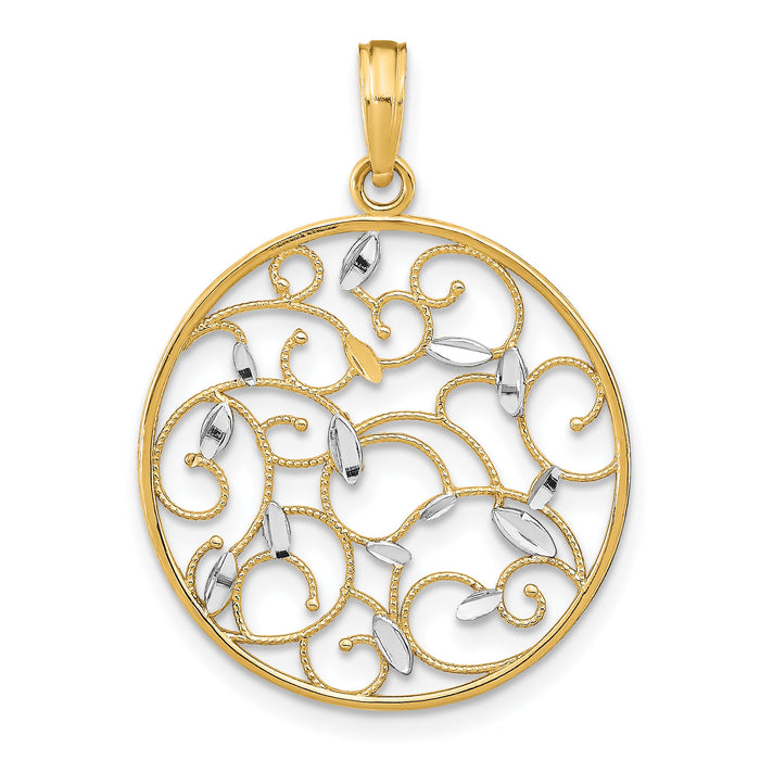 14K w/Rhodium Floral Medallion Pendant Charm-K9076