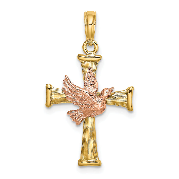 14k Two-tone Textured Finish Cross w/ Dove Charm-K9078