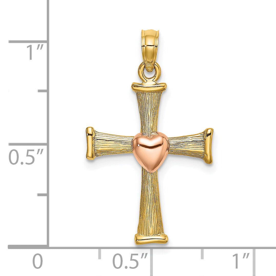 14k Two-Tone Textured Finish Cross w/ Heart Charm-K9079