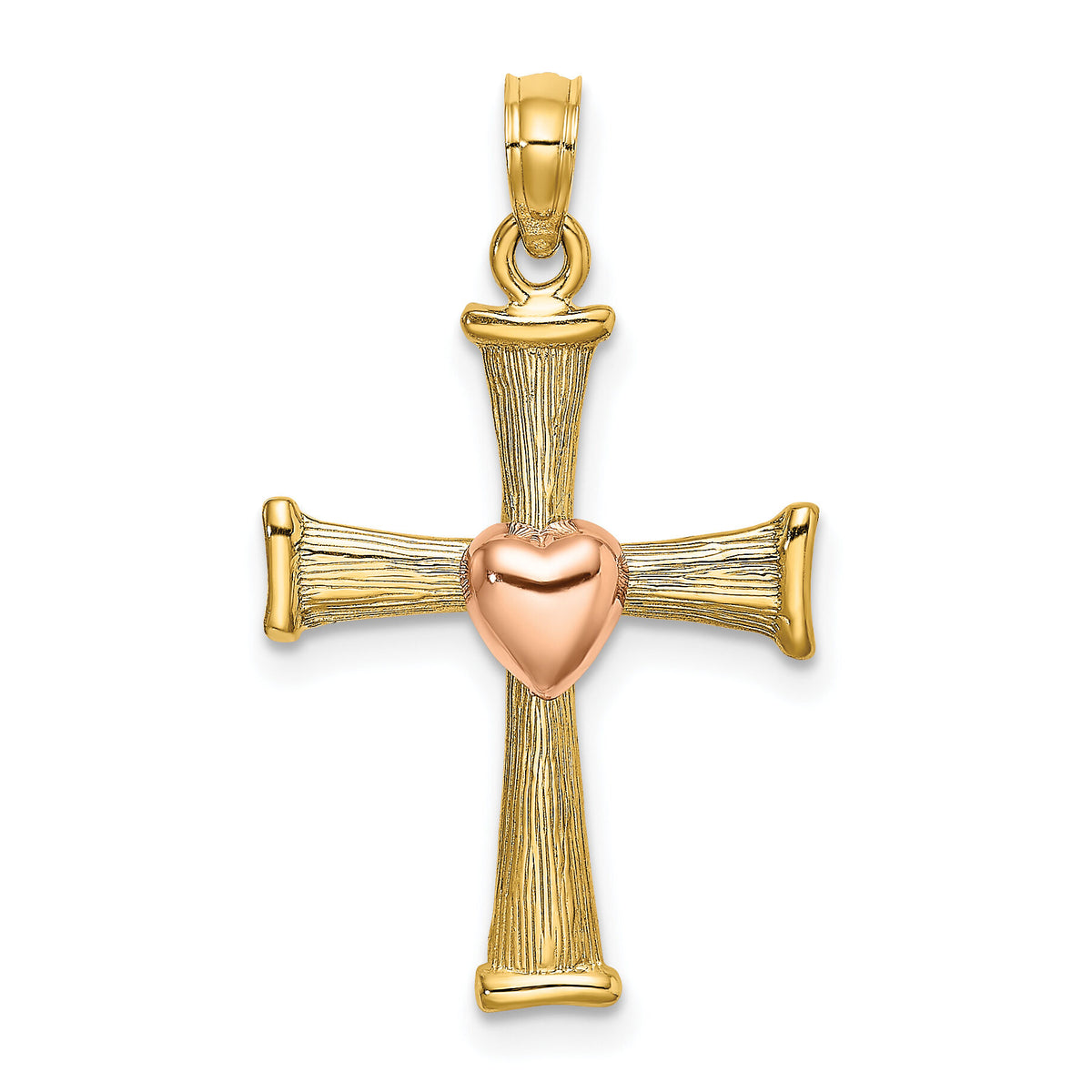 14k Two-Tone Textured Finish Cross w/ Heart Charm-K9079