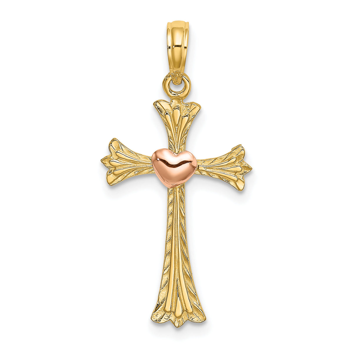 14k Two-Tone Textured Cross w/ Heart Charm-K9080