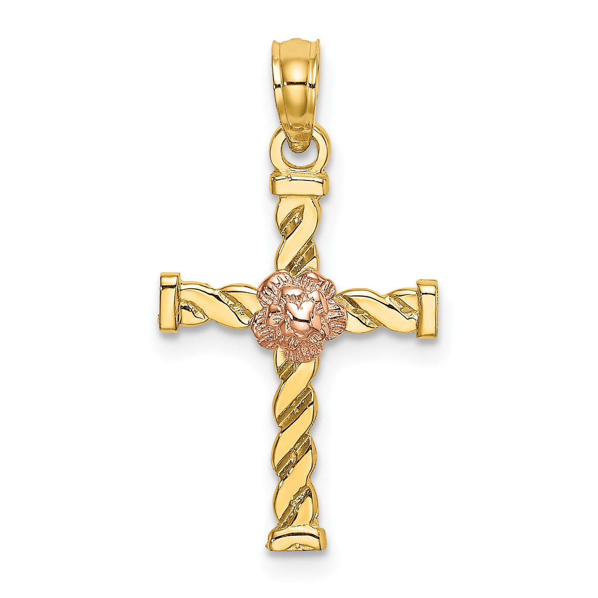 14k Two-Tone Twisted Cross w/ Flower Charm-K9082