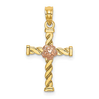14k Two-Tone Twisted Cross w/ Flower Charm-K9082