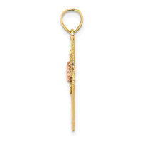 14k Two-Tone Textured Cross w/ Flower Charm-K9083