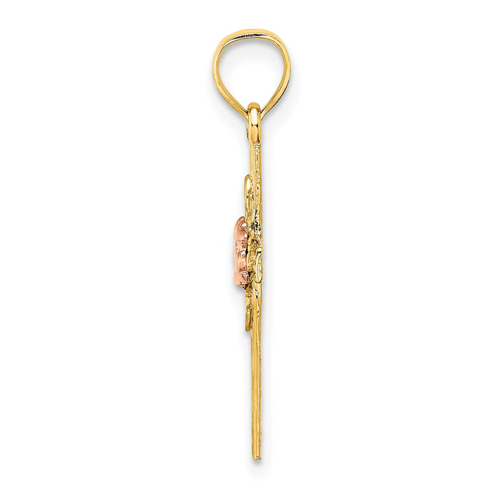 14k Two-Tone Textured Cross w/ Flower Charm-K9083
