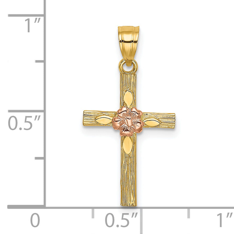 14k Two-Tone Textured Cross w/ Flower Charm-K9083