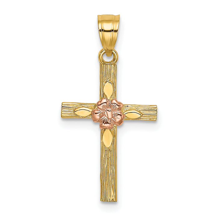 14k Two-Tone Textured Cross w/ Flower Charm-K9083