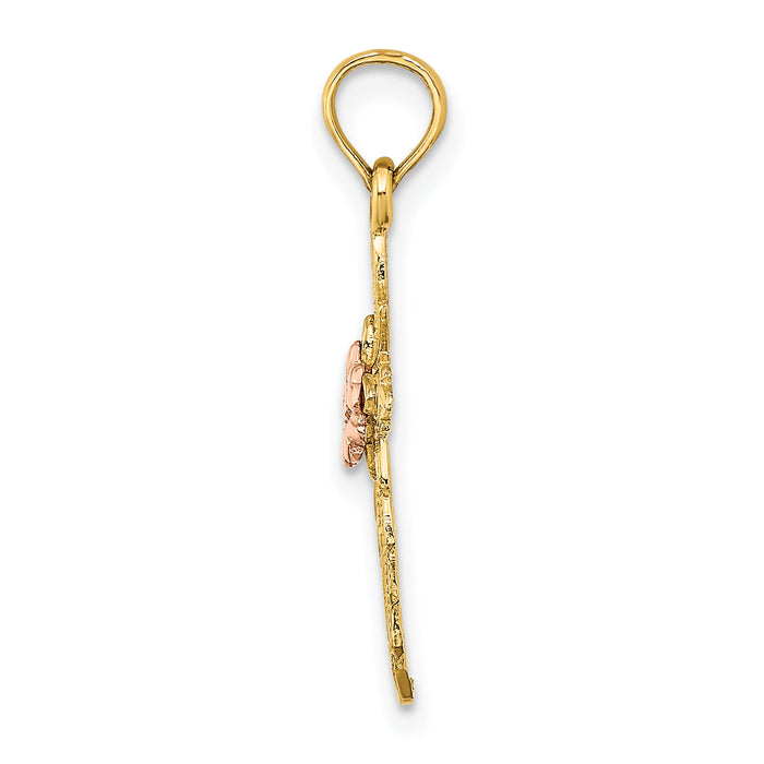 14k Two-tone Cut-Out Cross w/ Flower Charm-K9084
