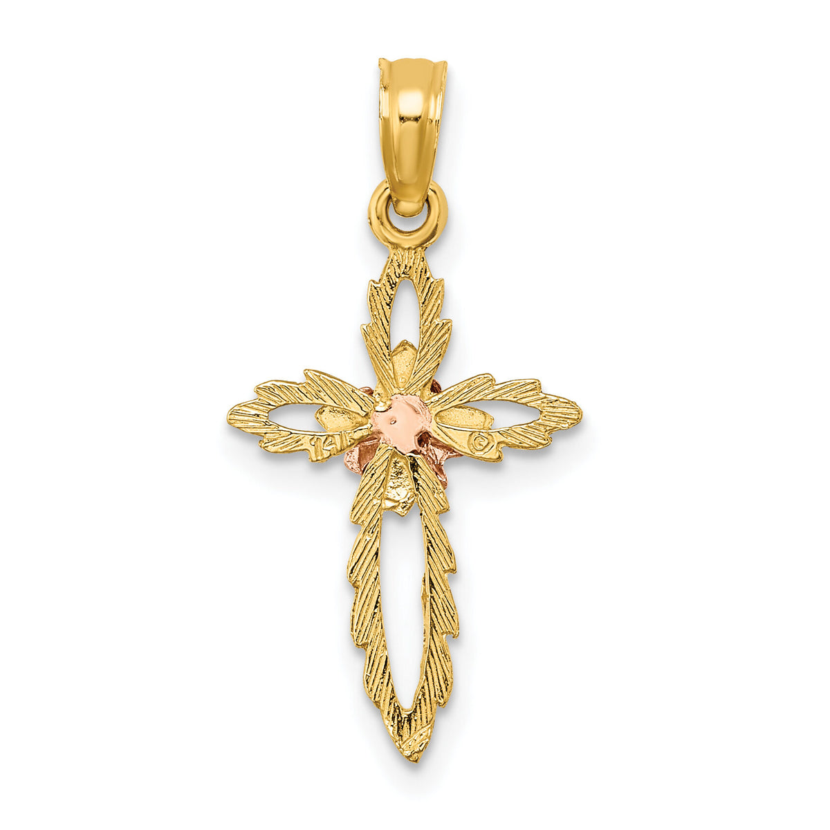 14k Two-tone Cut-Out Cross w/ Flower Charm-K9084
