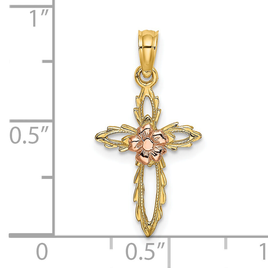 14k Two-tone Cut-Out Cross w/ Flower Charm-K9084