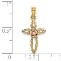 14k Two-tone Cut-Out Cross w/ Flower Charm-K9084