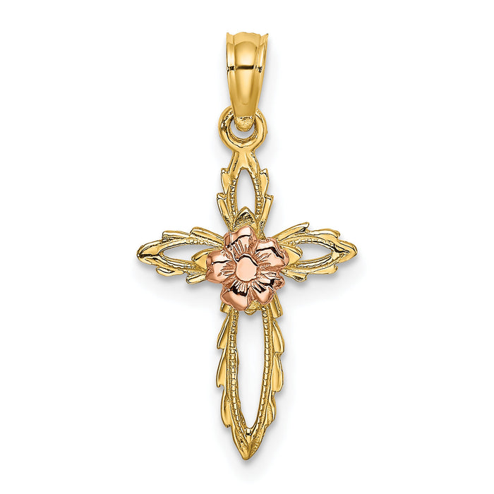 14k Two-tone Cut-Out Cross w/ Flower Charm-K9084