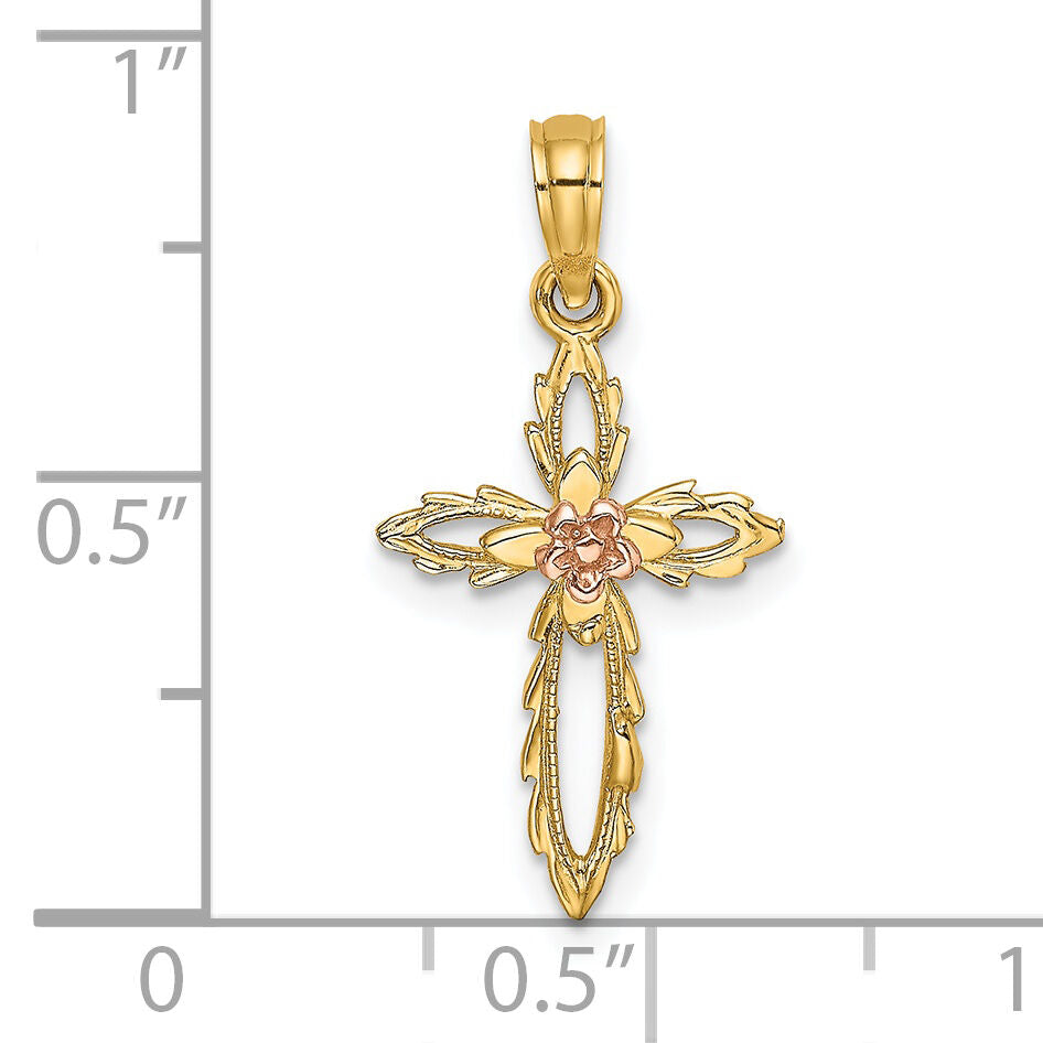 14k Two-Tone Cross w/ Cut-Out Flower Charm-K9085