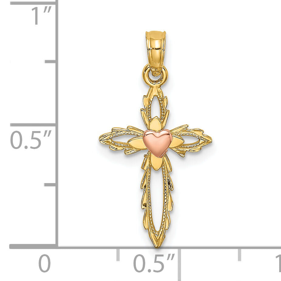 14k Two-Tone Cross w/ Heart Charm-K9086