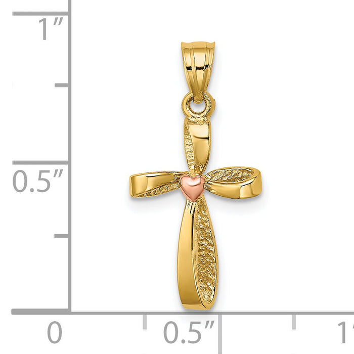 14k Two-Tone Twisted Cross w/ Heart Charm-K9090