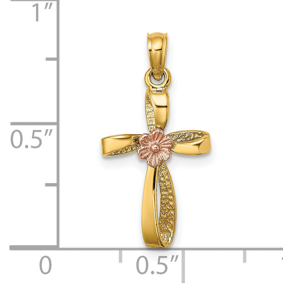 14k Two-Tone Twisted Cross w/ Flower Charm-K9091