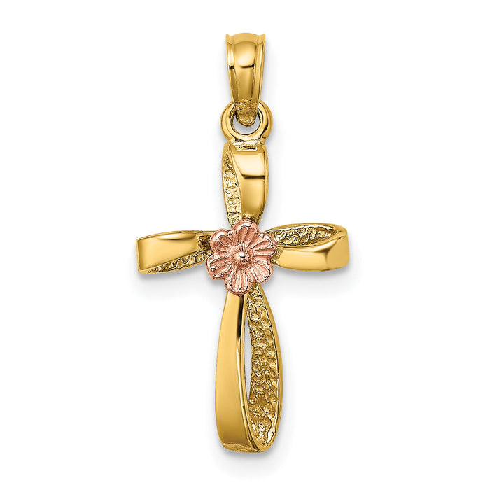 14k Two-Tone Twisted Cross w/ Flower Charm-K9091