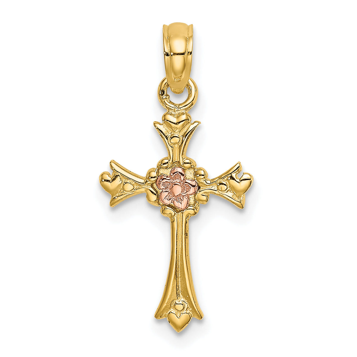 14k Two-Tone Cross w/ Flower Charm-K9094