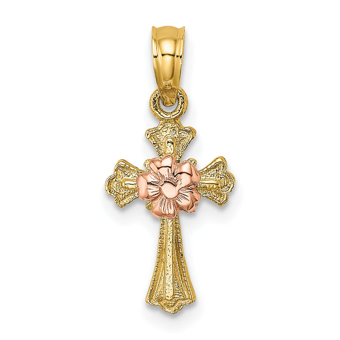 14k Two-Tone Cross w/ Small Flower Charm-K9097